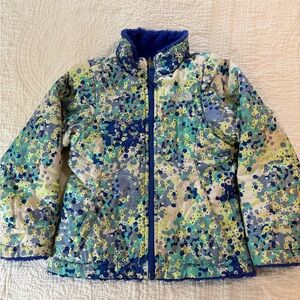 The North Face Kids Blue and Green Patterned Reversible Puffer Jacket